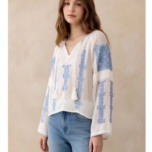 NEW Nili Lotan Bohemian Top White Blue Embroidered Cotton Tassel Blouse Medium